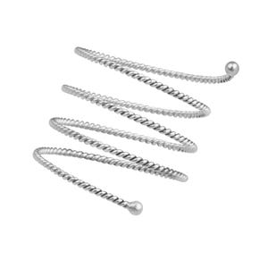 May include: A silver-colored arm cuff with a spiral design. The cuff is made of twisted metal and features a small ball at each end. The arm cuff is designed to wrap around the upper arm.