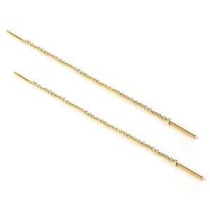 May include: A pair of delicate gold-colored threader earrings. Each earring features a fine chain with a straight bar at the end. The earrings are displayed against a white background, highlighting their simple, elegant design.