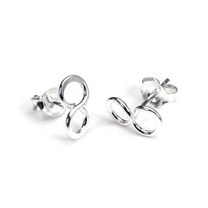 May include: A pair of silver-colored infinity symbol stud earrings. The earrings are small, with a polished finish, and are set against a white background. The infinity symbol is a continuous loop, representing eternity.