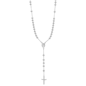 Könnte beinhalten: Eine silberfarbene Rosenkranzkette mit einer Reihe kleiner, runder, polierter Perlen, die durch eine feine Metallkette verbunden sind. Das Design umfasst eine zentrale, oval geformte Medaille mit einer Figur und ein kleines Kruzifix.