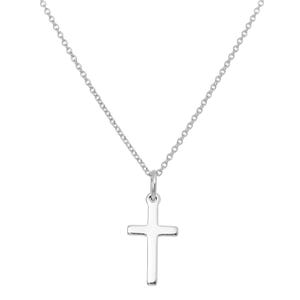 May include: A silver-colored necklace featuring a small, polished cross pendant. The cross hangs from a delicate chain, creating a simple and elegant design. The necklace is likely made of a shiny metal, reflecting light.