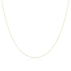May include: A delicate gold-colored necklace with a simple chain design. The necklace is displayed against a white background, highlighting its minimalist style. The chain is made of small, evenly spaced links.