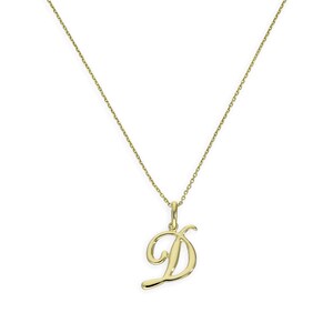 May include: A gold-coloured necklace with a pendant in the shape of the letter "D" in a cursive font. The pendant hangs from a delicate chain. The jewellery is set against a white background.