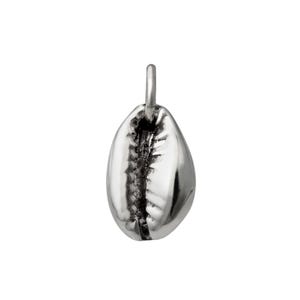 May include: A silver-coloured cowrie shell pendant. The pendant has a loop at the top for a chain. The shell has a detailed, textured surface and a natural, organic shape. The pendant is designed for jewelry.