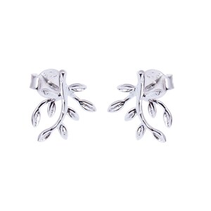 May include: A pair of silver stud earrings. Each earring has a detailed leaf design with multiple small leaves branching from a central stem. The earrings are displayed on a white background.