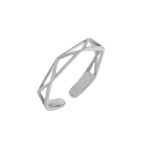 May include: A silver-coloured open ring featuring a geometric, angular lattice design. The band is constructed from thin, interconnected metal bars forming a series of triangles. The interior of one end of the band is stamped with the text 925.