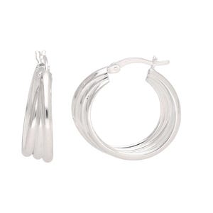 May include: A pair of silver hoop earrings. Each earring has a twisted design with three parallel bands. The earrings are displayed against a white background, emphasizing their polished, reflective surface.