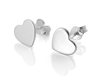 Pendientes de botón planos de plata de ley con forma de corazón - Pendientes de plata de ley - Perfectos para San Valentín, bodas o aniversarios
