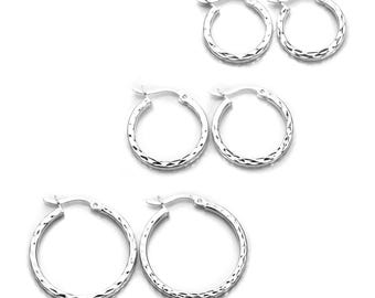 Sterling Silver Diamond Cut Hoop Earrings Set – 12mm, 15mm, 20mm