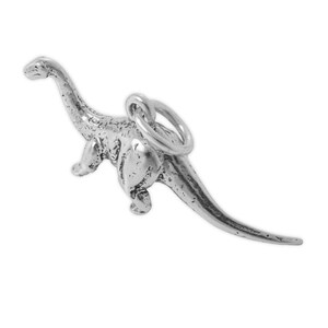Pode incluir: Um pingente de metal em tom prateado com formato de dinossauro de pescoço longo, especificamente um saurópode. O pingente apresenta uma superfície texturizada com detalhes visíveis do corpo da criatura e inclui um aro circular preso ao dorso.