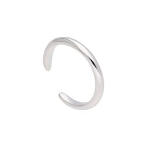 May include: A silver ring with a smooth, curved design. The open-ended ring has a polished finish and a simple, elegant aesthetic. The ring is shown against a white background. Suitable for everyday wear.
