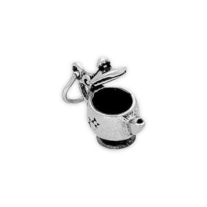 May include: A silver-toned metal charm shaped like a miniature beer stein with a hinged lid. The vessel features a rounded body with a small spout and a decorative star-shaped engraving on the side. A small circular jump ring is attached to the handle.