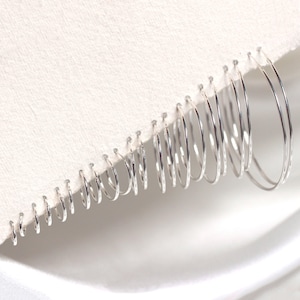 Peut inclure: Une collection de boucles d'oreilles créoles argentées de différentes tailles, présentées sur un fond blanc. Les boucles d'oreilles varient de petites créoles délicates à des créoles plus grandes et plus visibles.