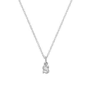 May include: A silver-colored necklace with a delicate chain. The pendant is a capital letter "S" in a stylized font. The necklace is displayed against a plain white background.