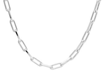 May include: A silver chain necklace featuring elongated oval links. The necklace is presented against a white backdrop, emphasising its simple, elegant design. The links are uniform, creating a sleek, modern appearance.