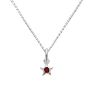 May include: A silver necklace with a small star pendant. The star has a red gemstone in the center. The chain is a delicate curb link style.