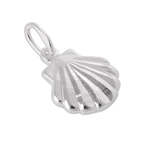May include: A polished silver-toned metal pendant shaped like a scallop shell. The charm features a series of raised, radiating ridges that extend from the top hinge down to the scalloped bottom edge, complete with a small attached jump ring loop.