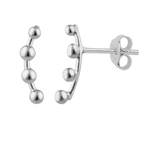 May include: A pair of silver ear climbers. Each earring has a curved design with four evenly spaced, small, round beads. The earrings have a post and butterfly backing. The design is minimalist and modern, suitable for everyday wear.