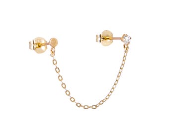9ct Gold Double Stud Chain Earring - CZ Minimalist Disc