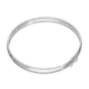 May include: A silver bangle bracelet with a hinged clasp. The bracelet is a smooth, rounded band, reflecting light. The clasp is a small, secure mechanism. This piece of jewellery is suitable for everyday wear.