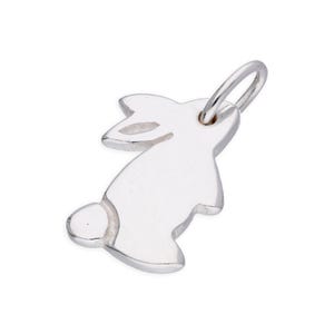 May include: A silver-colored bunny charm with a loop for attaching to a necklace or bracelet. The charm is a simple outline of a rabbit, with details like the ears and tail. The charm is made of a shiny, reflective metal.