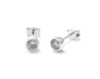 Sterling Silver CZ Stud Earrings – 4mm Crystal, Rub Over Setting