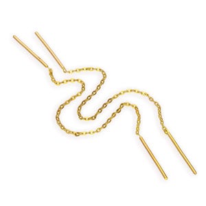 May include: Gold-colored threader earrings. Each earring features a delicate chain that connects to a straight bar. The earrings are designed to be pulled through the ear, creating a modern and minimalist look. The jewelry is displayed on a white background.