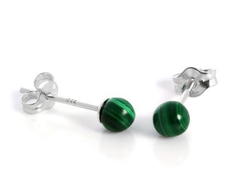 Sterling Silver & 4mm Malachite Stone Stud Earrings