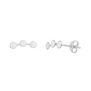 May include: A pair of silver stud earrings. One earring features three small, connected, circular studs. The other earring has three smaller, connected, oval studs. The earrings have a polished, reflective surface.