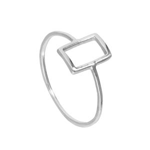 May include: A silver ring with a geometric design. The ring features a thin band that curves into a square-shaped open design. The ring is made of a shiny, metallic material.