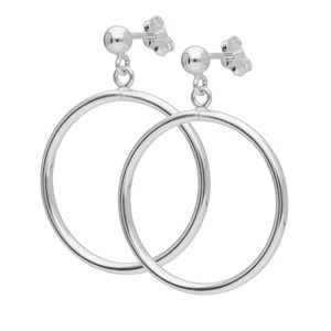 May include: A pair of silver hoop earrings. Each earring has a small ball stud, a delicate chain, and a large, circular hoop. The earrings are made of a shiny, reflective metal, and are displayed against a white background.