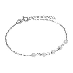 May include: A delicate silver bracelet featuring a series of small, round, white pearls. The bracelet has a fine chain design with an adjustable clasp. The pearls are evenly spaced along the chain, creating a simple and elegant look.