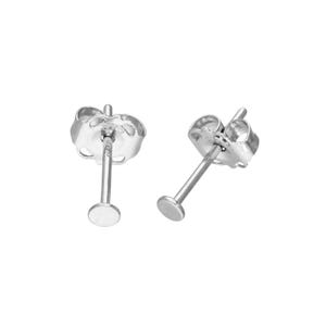 Könnte beinhalten: Zwei silberne Ohrstecker mit Stecker und einer kleinen, runden Scheibe. Die Ohrringe werden vor weißem Hintergrund gezeigt. Die Ohrringverschlüsse sind ebenfalls sichtbar.