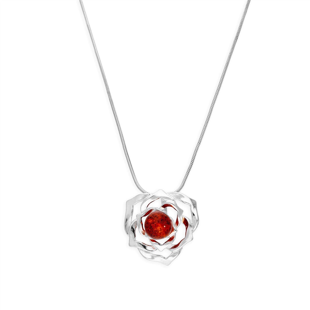 Sterling Silver & Baltic Amber Rose Outline Pendant Necklace 14 - 22 ...