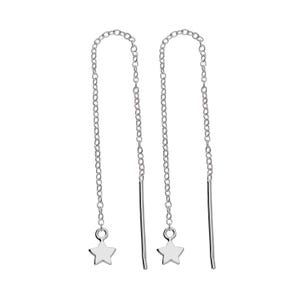 May include: A pair of silver-coloured dangle earrings. Each earring has a delicate chain that curves at the top and ends with a small, five-pointed star charm. A straight bar hangs below the chain.