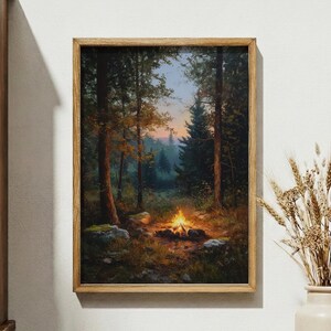 Rustic Campfire Painting, Cozy Cabin Decor, Moody Forest Art Print image 1
