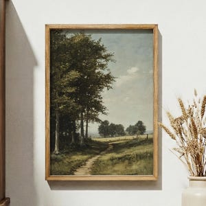 Dipinto a olio di paesaggio di campagna d'epoca, decorazione murale di fattoria antica, stampa artistica di cottage francese