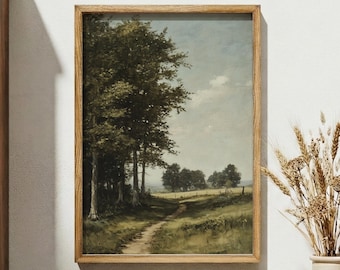 Vintage Country Landscape Oil Painting, Antique Farmhouse Wall Decor, French Cottage Art Print