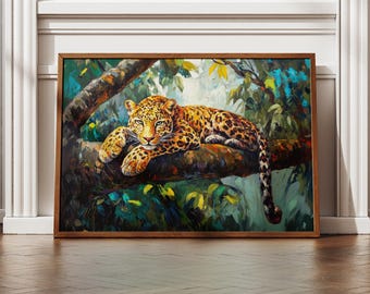 Vintage Leopard Painting, Jungle Wall Art, Boho Maximalist Decor