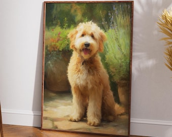 Vintage Goldendoodle Painting, Happy Summer Garden Art, Cottagecore Wall Decor