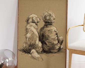 May include: A framed sketch print depicts a child and a dog sitting together, viewed from the back. The artwork is in shades of brown and black, with a focus on the bond between the two subjects. The print is displayed on a wall.