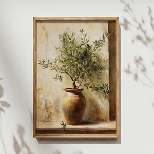 Olive Tree in Vase Painting, Vintage Mediterranean Decor, Farmhouse Kitchen Art
