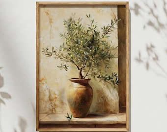 Olive Tree in Vase Painting, Vintage Mediterranean Decor, Farmhouse Kitchen Art