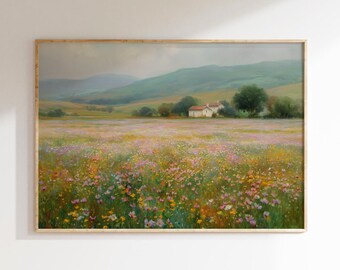 Vintage Wildflower Meadow, Rustic Country Landscape, Cottagecore Wall Decor
