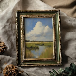 Vintage Marsh Landscape Art Print, Unframed Oil Painting Print, Rustic Farmhouse Wall Decor