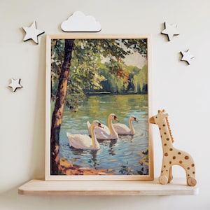 Vintage Swan Oil Painting, Coquette Wall Art, Cottagecore Poster Print