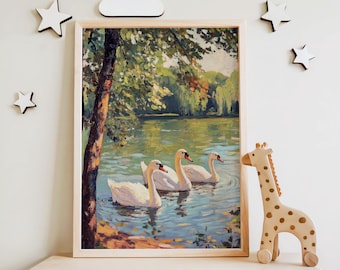 Vintage Swan Oil Painting, Coquette Wall Art, Cottagecore Poster Print