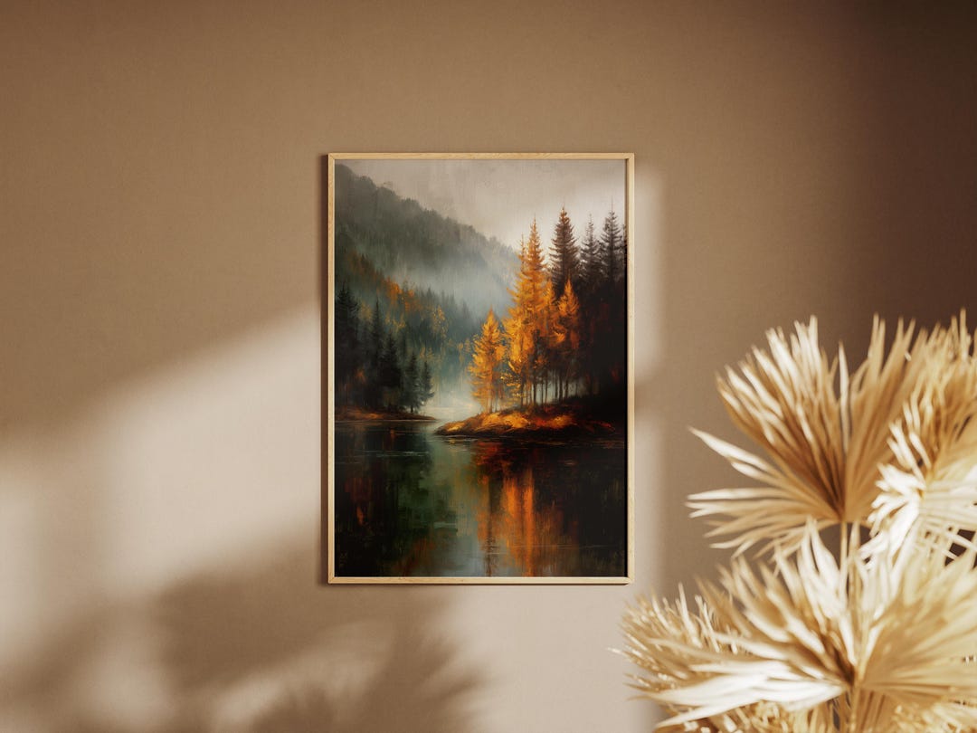 Vintage Fall Lake Painting, Moody Autumn Decor, Rustic Landscape Art - Etsy