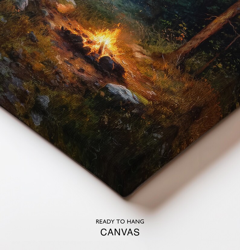 May include: Canvas art print depicting a campfire scene in a forest. The artwork features a vibrant campfire with orange and yellow flames, surrounded by rocks and greenery. The text "READY TO HANG CANVAS" is printed at the bottom.