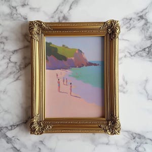 Coastal Oil Painting Print: Beach People, Pastel Ocean Art (Unframed)